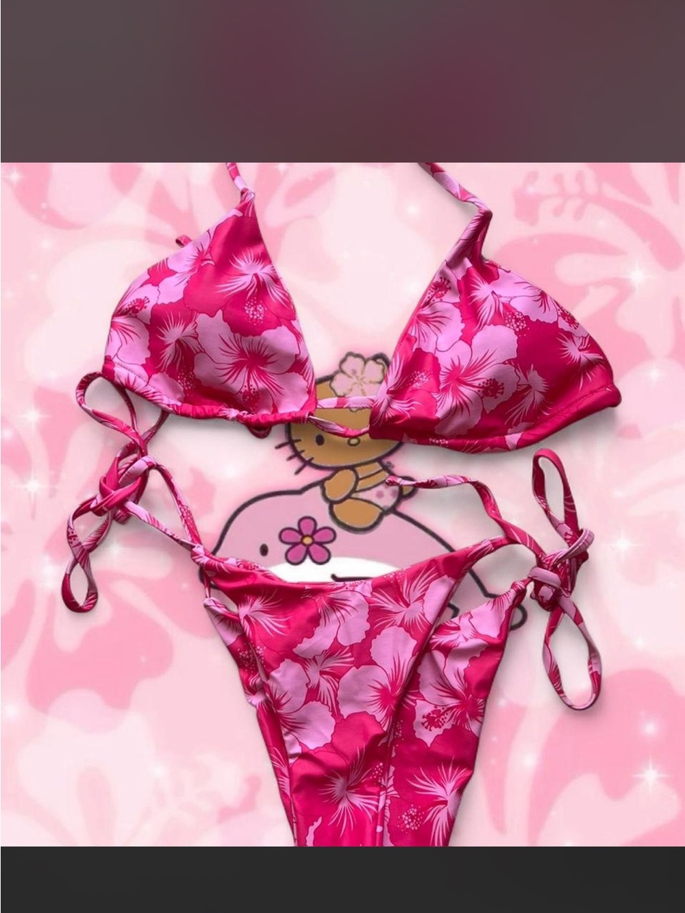 Hot Pink Floral Tie-Side Bikini Set- Size M